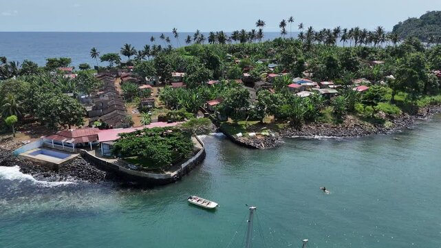 Sao Tome and Principe - Boca do Inferno Aerial View. Traditional Village With Colonial-Style Houses Surrounded by Tropical Nature and Ocean.