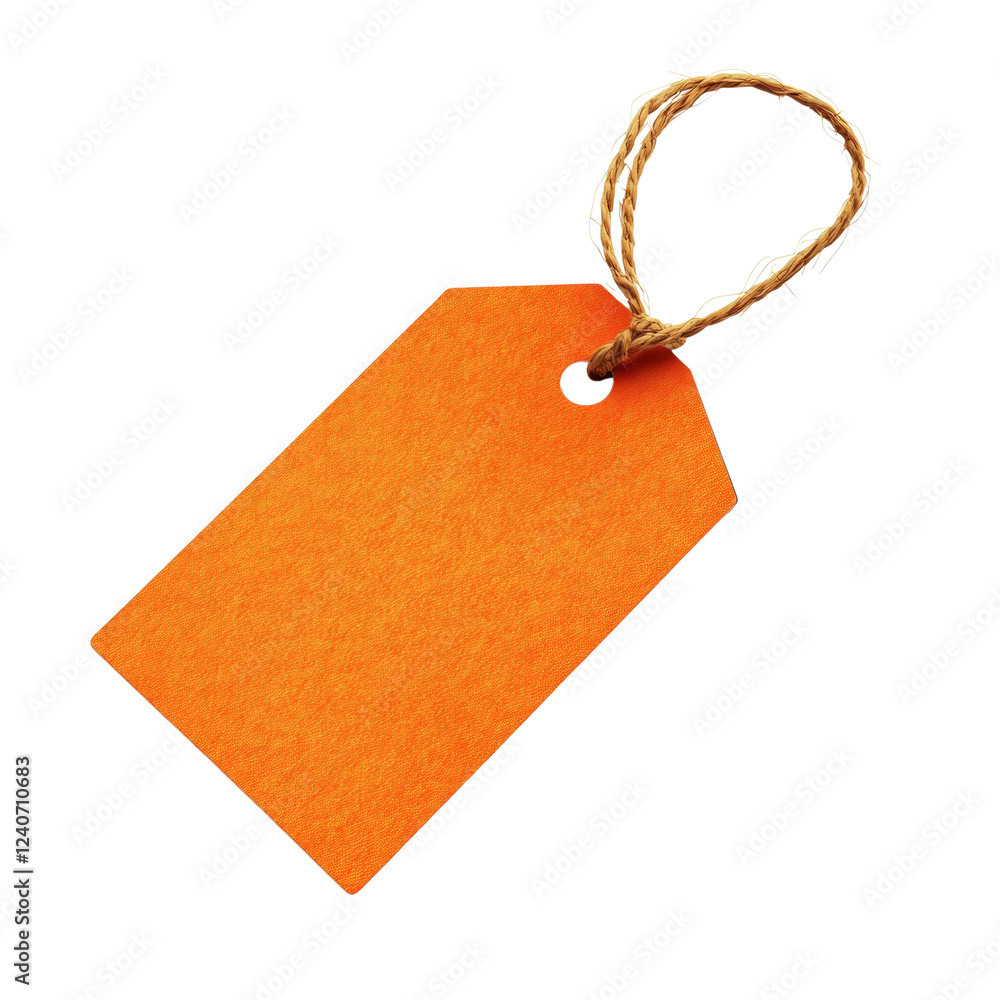 Poster An isolated image showcases a blank orange tag with a twine loop suitable for various uses like price tags or labels.
