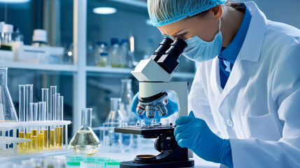 Scientist using microscope analyzing samples in laboratory