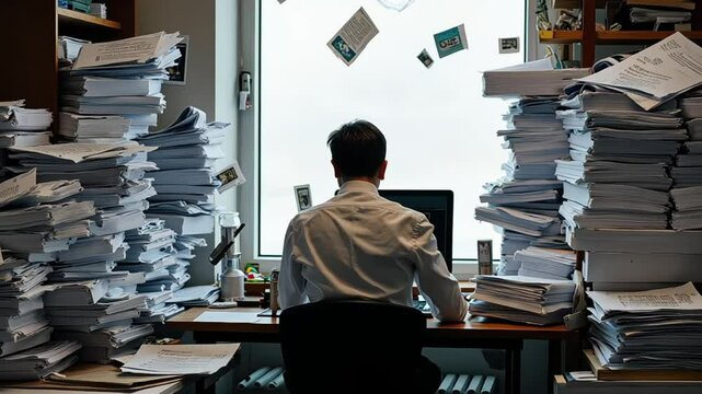 employee surrounded by piles of paperwork or staring at a computer screen, embodying the stress of work overload