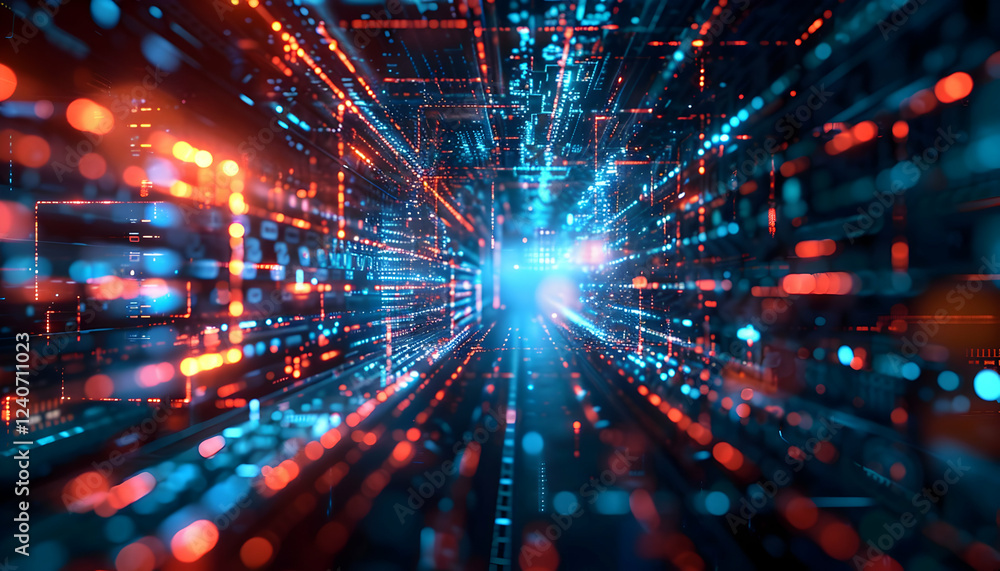 Poster abstract digital tunnel with glowing particles and lines, representing data flow and technology (1)