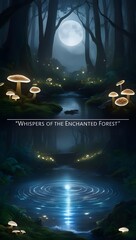 A mystical forest glows with bioluminescence, a shimmering spring, and ghostly ripples, evoking a sacred, enchanting, and mysterious realm.