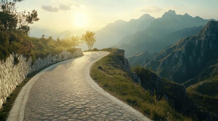 Serene Curved Road Through Mountain Landscape at Sunset Light