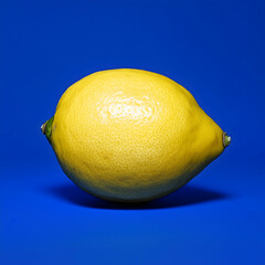 Bright lemon resting against a vibrant blue backdrop showcases its natural shine and texture in a minimalist setting. Generative AI