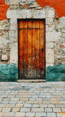 Ancient Wooden Door in a Weathered Stone Building