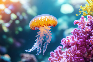 An orange jellyfish floating amidst the vibrant colors of a cora