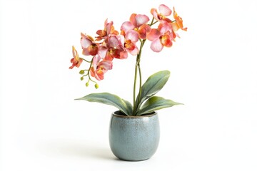 Obraz premium Beautiful Pink and Orange Orchid in a Stylish Grey Pot