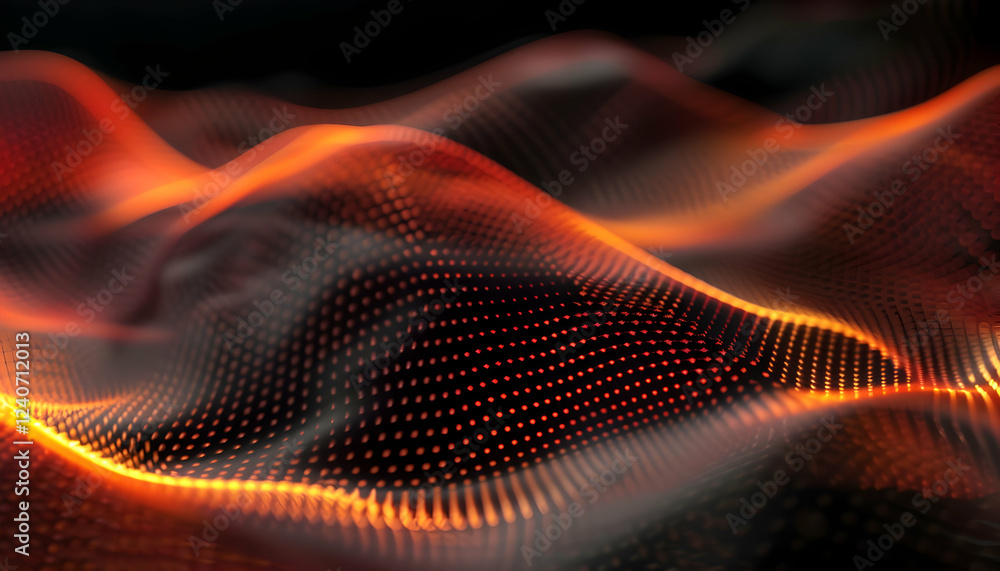 Poster abstract representation of flowing waves with glowing orange and red dots against a dark background