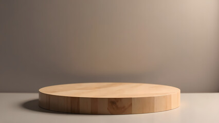 Round wooden podium on neutral background for product display