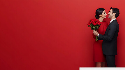 happy couple with bouquet of flowers in red dress on red background