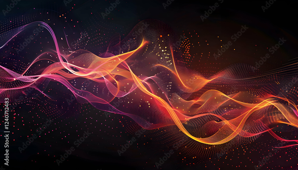 Poster abstract colorful wave patterns with glowing light effects against a dark background, ideal for digi