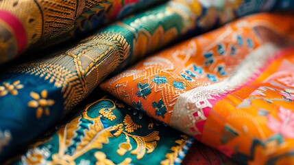 A beautiful shot of colorful and intricately patterned fabrics, perfect for adding a touch of luxury to any project.