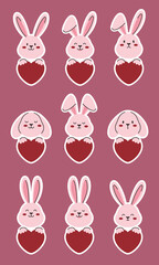 Cute pink bunny faces with different emotions and ear positions. Rabbits holding red hearts in their paws sticker set.