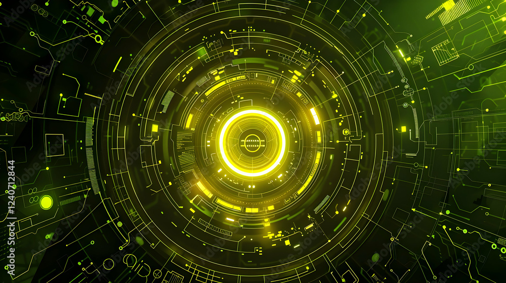 Poster abstract digital background with glowing circular patterns and circuitry elements, ideal for tech th