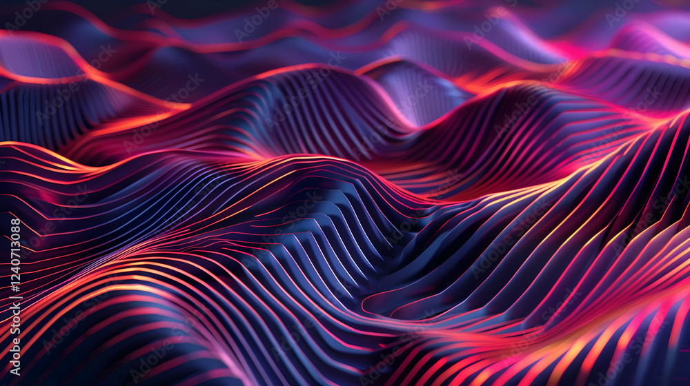 Poster abstract representation of colorful waves undulating in a digital landscape, showcasing depth