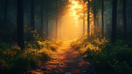 Naklejka premium A quiet path winding through a lush forest, with light filtering through the trees and casting long, soft shadows across the ground.