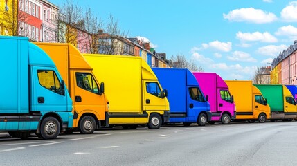 Row of colorful delivery trucks, representing delivery notification system, status alerts, and customer updates. Focus on cargo management and business logistics.