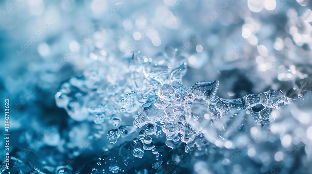 Poster background image of blue ice crystals and frost. close-up of the surface of the ice with a beautiful
