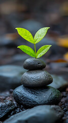 Zen Garden: A sprout of new life atop a perfectly balanced stone cairn, symbolizing growth, peace, and tranquility amidst nature's serenity.
