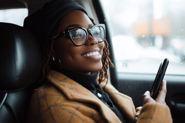 Woman with a phone in hand, smiling inside a comfortable car