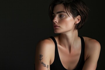 Fototapeta premium Minimalist Woman with Fine Line Tattoos A minimalist-styled woman with short, slicked-back hair, featuring fine-line tattoos