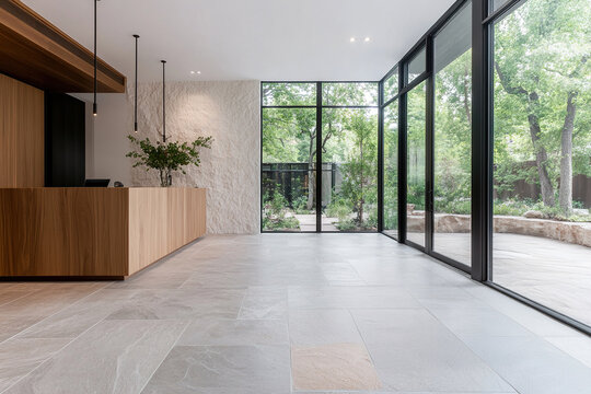 A reception area showcases large glass walls that invite nature inside, with natural stone floors and a wood-paneled desk harmonizing with the lush garden view