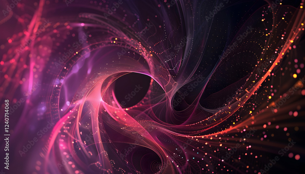Poster abstract swirling patterns of vibrant colors and light trails in a digital space environment