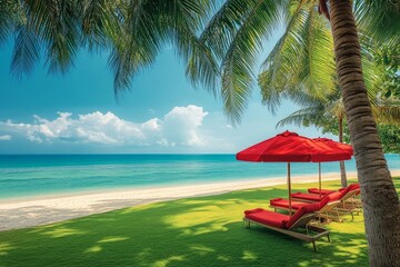 Wide-Angle Beach Scene in Thailand: Red Umbrellas and Chairs by Palm Trees under Blue Sky