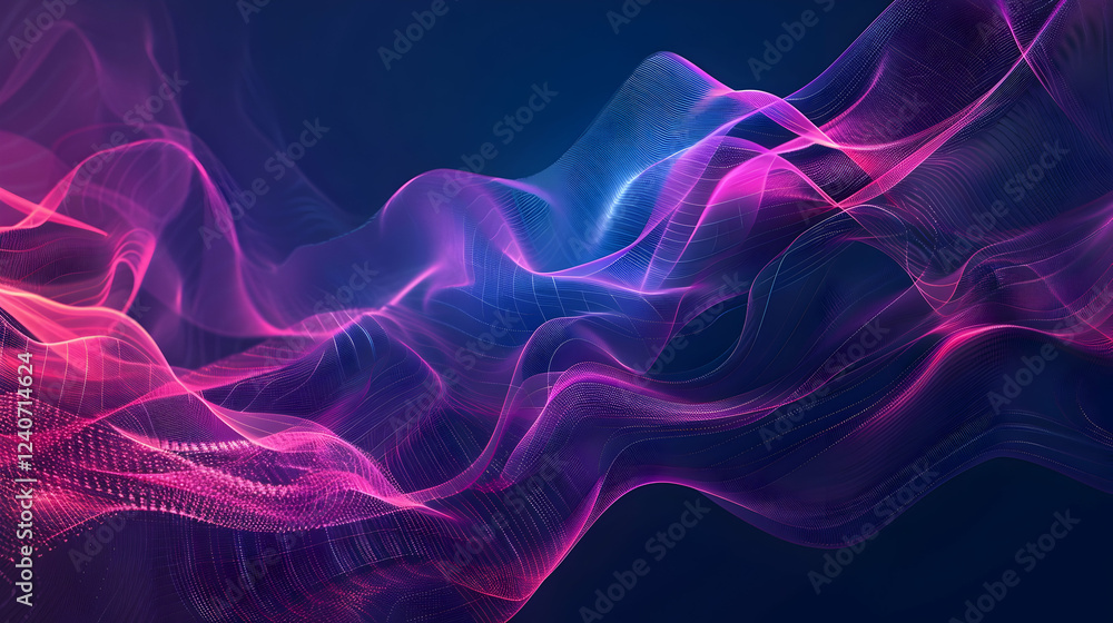 Poster abstract waves of vibrant pink and blue light flowing across a dark background, creating a dynamic v