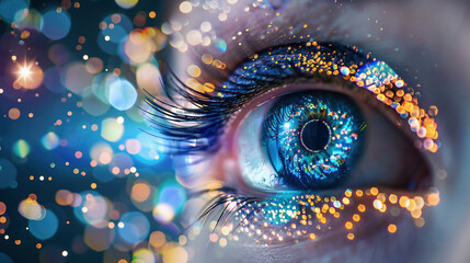 Close-up of a woman's eye with a futuristic digital interface overlay, set against a background of financial graphs and world map, representing data analysis concept