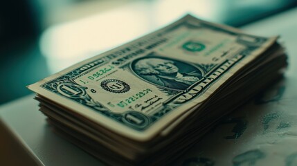 Crisp One-Dollar Bills Stacked on Surface with Teal Background