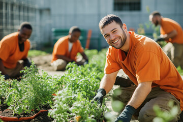 Prison inmates working together in a garden