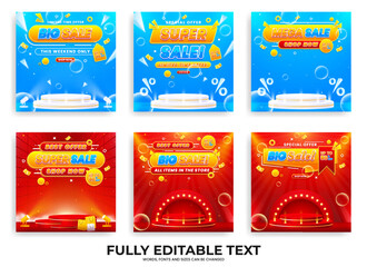 Collection of discount sale promo banner templates. Collection of flash sale, big sale, super sale, and mega sale promo discounts with podium, spotlights, and realistic abstract backgrounds.
