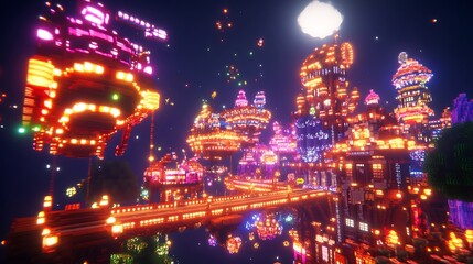 Night city, floating islands, celebration
