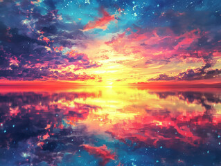 Fototapeta premium stunning sunrise illuminates sky with vibrant colors, reflecting beautifully on endless ocean, showcasing harmonious connection between celestial and terrestrial realms.