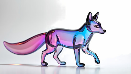 Colorful glass fox figurine with gradient hues on white background.