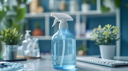 A white plastic bottle of disinfectant cleaner placed at the center of a neat office desk.