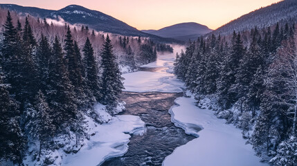 Obraz premium Winter Sunrise Over Snowy River and Mountains