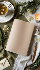 A top-down view of a rustic journal scene with wildflowers, tea, candlelight, and vintage accents, evoking peace and creativity.