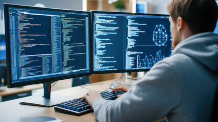 Software developer writing code on multiple computer screens
