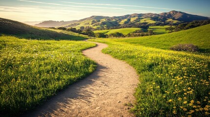 Curving Dirt Path Wanders Through Green Meadow with Wildflowers