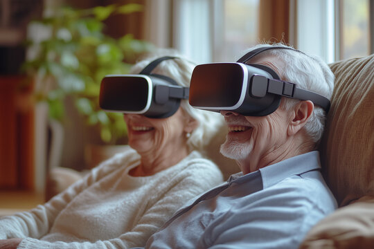 An elderly couple wearing VR headsets, laughing and amazed, engaging with virtual reality technology in a joyful and modern setting.  