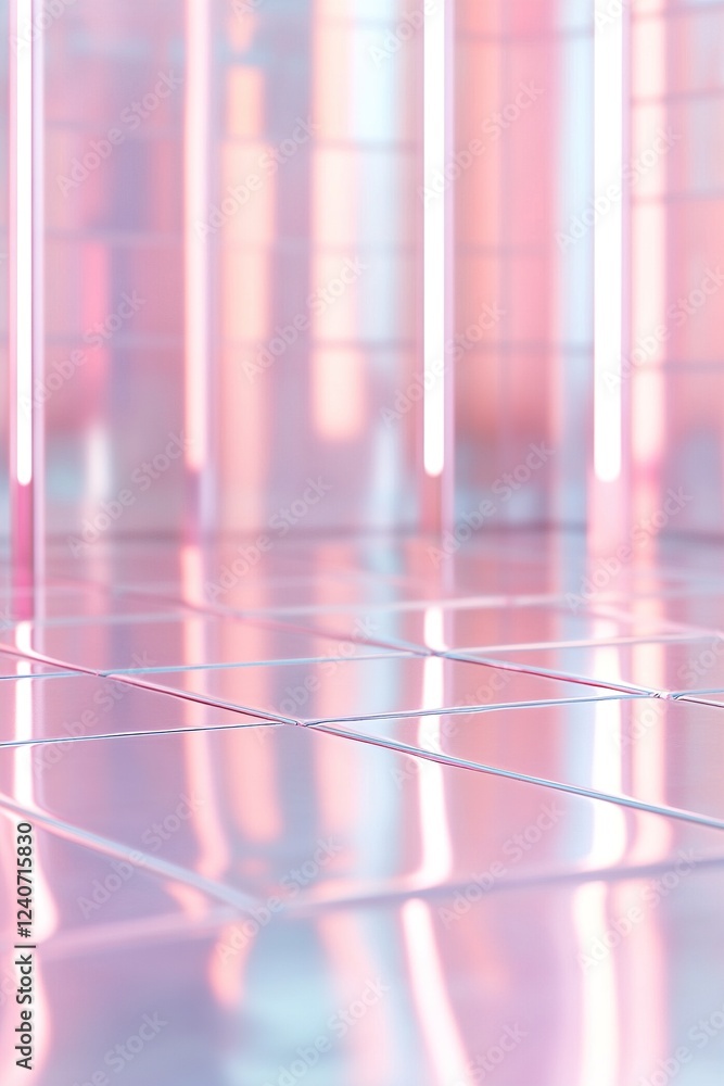 Poster a reflective chrome surface displays a subtle pink neon grid pattern, contributing to a futuristic a