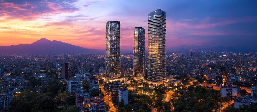 Fototapeta Sunset Cityscape Skyscrapers, Volcano, Mexico