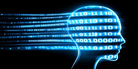 Glowing Blue Circuit Head with Binary Code A Futuristic Vector Illustration on Dark Background