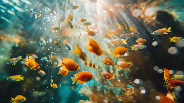 Underwater image of a school of yellow tang fish swimming in a sunlit ocean.