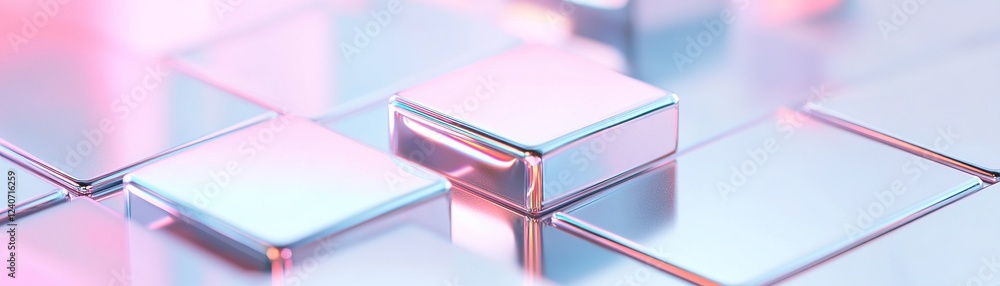 Poster a reflective chrome surface showcases a faint pink neon grid pattern emitting a gentle glow, creatin