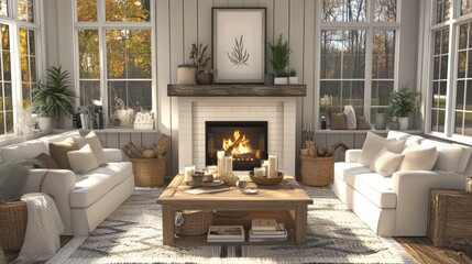 Cozy autumn sunroom fireplace interior design