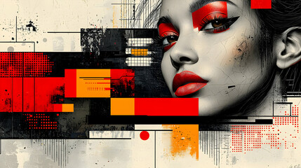 Abstract Red & Black Face Art: Bold Makeup, Geometric Shapes, Digital Painting