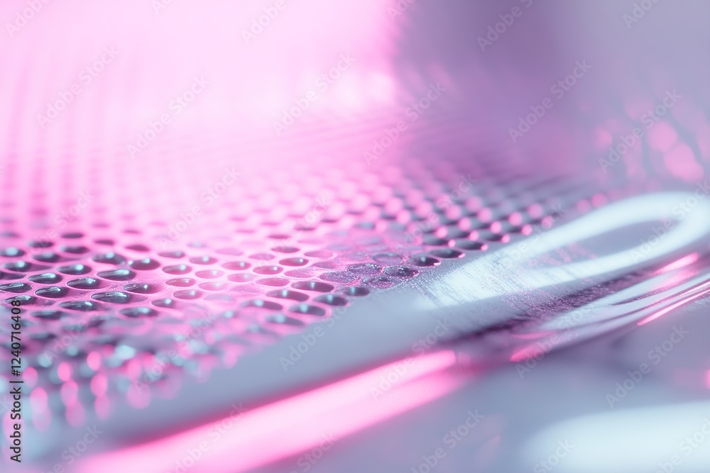 Poster a reflective chrome surface adorned with a faint pink neon grid pattern creates a futuristic ambianc